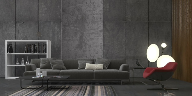 dark-grey-wall-panneling-and-white-book-shelve-and-over-grey-sofa-and-white-grey-cushion-and-black-simple-coffee-table-and-unique-floor-lamp-and-unique-swivel